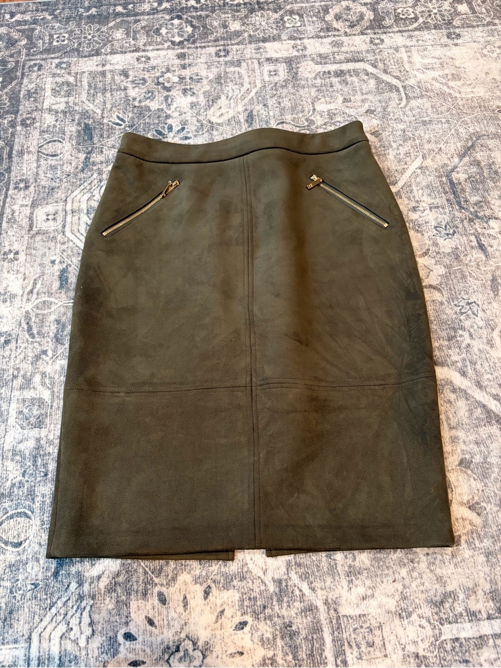 Ivanka Trump Olive Green Suede Pencil Skirt with Zip Accents